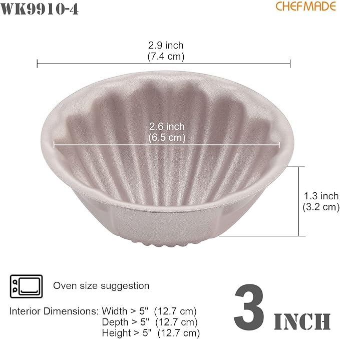 CHEFMADE Mini Madeleine Cake Pan Set, 3-Inch 4Pcs Non-Stick Spherical Shell Madeline Bakeware for Oven and Instant Pot Baking (Champagne Gold)