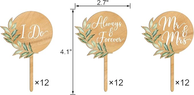 36 PCS Greeny Wedding Cupcake Toppers in Wood Mr & Mrs Engagement Cupcake Decorations