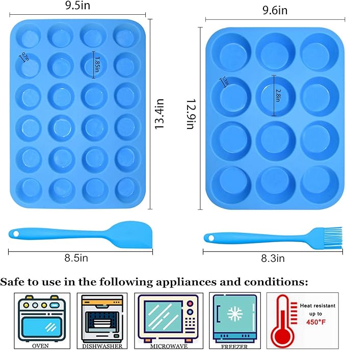 Silicone Muffin Pan Cupcake Set – Non-Stick 12 Cups and Mini 24 Cups,Silicone Baking Molds,BPA Free Muffin Tin with 1 Silicone Spatula & 1 Oil Brush (blue)