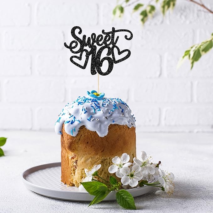 Gyufise 1Pc Sweet Teenager 16 Cake Topper Glitter 16th Birthday Cake Pick for Cheers to 16 Years Old 16th Birthday Party Cake Decorations Supplies Black