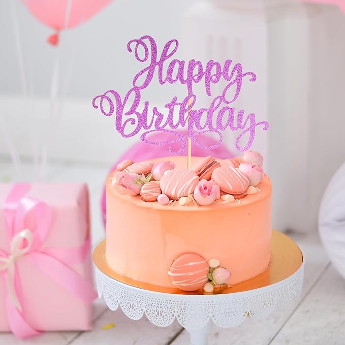 Happy Birthday Cake Toppers 9 Inch Glitter Happy Birthday Cake Pick for Birthday Anniversary Theme Party Cake Decorations Supplies - Rose Red