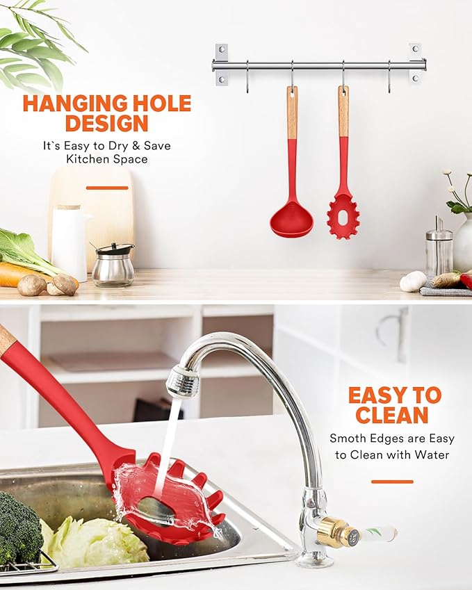 Pasta Fork and Ladle Set, Perfect for Serving Hot Soup, Stirring, and Sauce Pasta, BPA-Free Matte Silicone, Wood Handle Spaghetti Spoon for Nonstick Cooking Surfaces (Red)