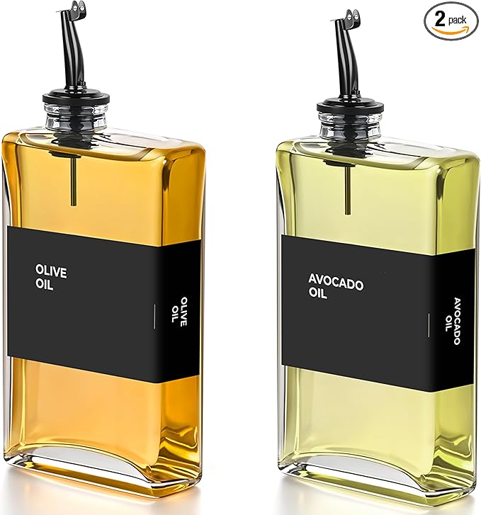Olive Oil Dispenser Bottle - Includes 44 Kitchen Essential Labels - Cooking Oil Bottles for Kitchen, Coffee Syrup Dispenser - Pourer Spout with 11.8 fl oz Glass Container Cruet - 2pcs, Black