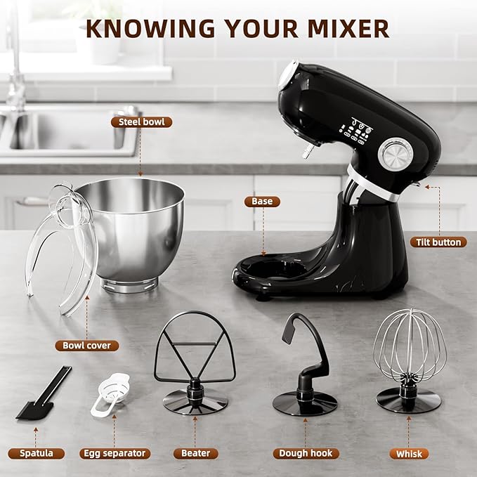 Cowsar Stand Mixer, 12 Speeds Tilt-Head Electric Commercial Stand Mixer, 3-In-1 Kitchen Mixer with Bowl, Dough Hook, Whisk and Beater, Black