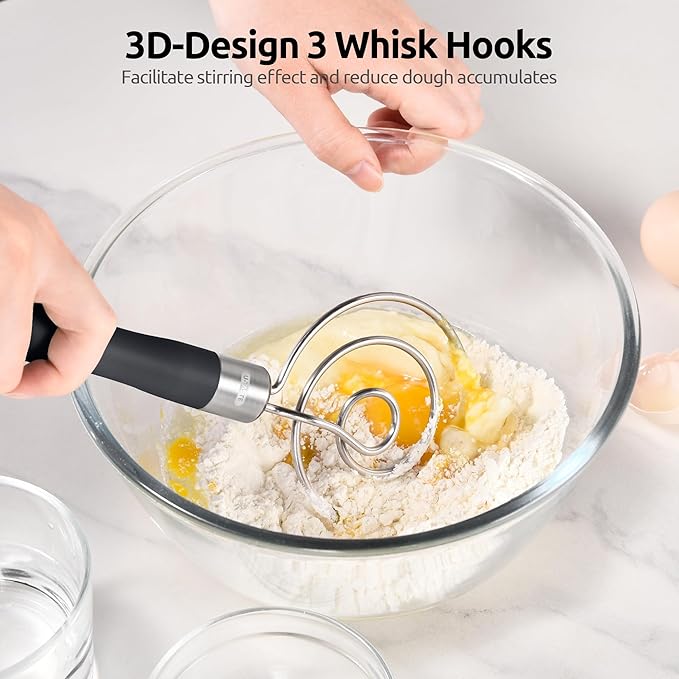 U-Taste 12.6" Danish Dough Whisk: 18/8 Stainless Steel Heavy-Duty Sourdough Mixer Tool, Food Grade Dutch Style Seamless Bread Wisk, Sturdy for Mixing, Stirring, Pressing, Kneading Thick Batter (Black)
