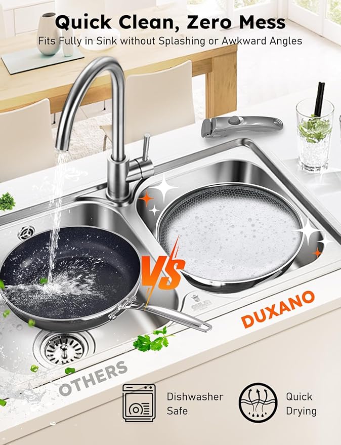 Pro DUXANO 12PC Hybrid 3-Ply Stainless Steel Skillet&Nonstick Pots and Pans Set, High Heat Sear&Fry, 2-Layer Ceramic Induction Cookware, 9H Scratch-Resistant&Anti-Warp,PFAS Free,All Cooktop/Dishwasher