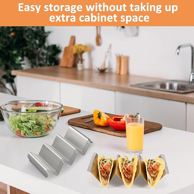 Taco Holder Set of 6, Stainless Steel Taco Holder Stand, Taco Rack Truck Tray Style with Easy-Access Handle, Oven, Grill and Dishwasher Safe
