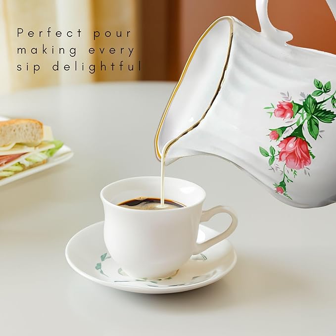 Sugar and Creamer Set - Porcelain Sugar and Creamer Floral Vintage Tea Set with Gold Trims & Embossed Swirls - Exquisite Fine China Tea Set for Parties & Celebrations - Vintage Rose Set by Lynns