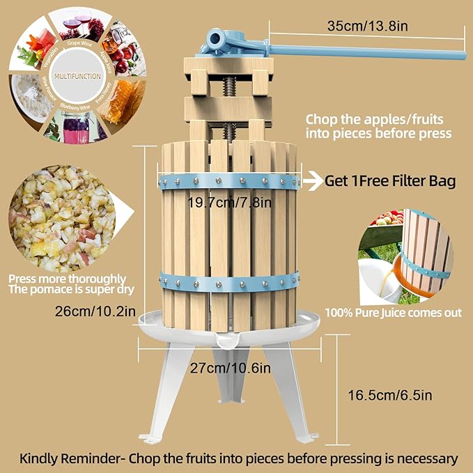 SQUEEZE master Fruit Apple Cider Wine Classic Press-Blue-1.6 Gallon/6L-Solid Wood Basket-Vintage traditional juicer-Pole Handle Bar for Juice,Wine,Cider-1 free filter bag included
