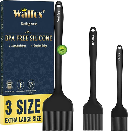 Walfos 3 Size Basting Brush, High Heat Resistant Silicone Pastry Brushes for Barbecue, Baking, Kitchen Cooking, Desserts- Strong Stainless Steel Core Technology