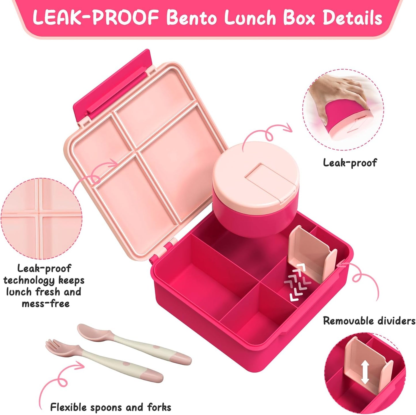 Bento Lunch Box with 8oz Soup Thermo, Leak-Proof Lunch Containers with 4 Compartment, Thermo Hot Food Jar and Insulated Lunch Box for School Pink