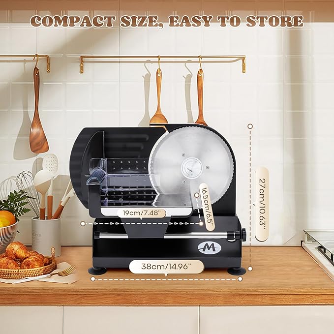 Moongiantgo Electric Meat Slicer 220W, 1-20mm Adjustable Thickness Deli Food Slicer with 2 Removable 7.3" Stainless Steel Blade, Removable Food Platform, Cheese Fruit Bread Slicer for Home,110V