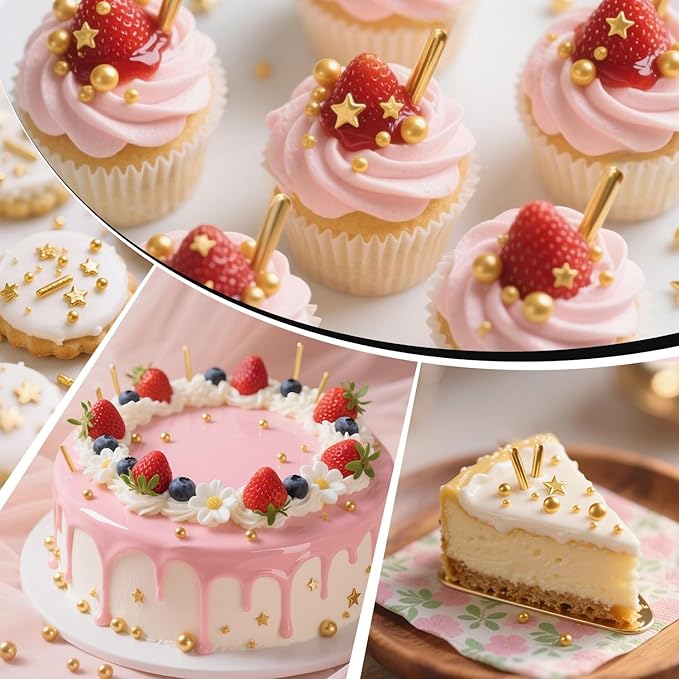 Gold Pearl Star Rods Sprinkles, Edible Gold Pearls Sprinkles for Cake Decorating, 150g/5.29oz, Cake Decoration, Cake Toppers, Wedding Party, Christmas Baking Supplies