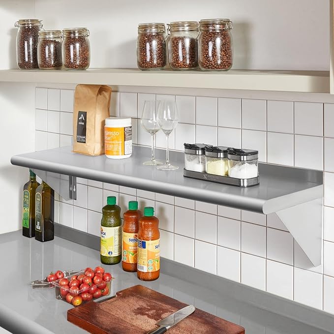 Profeeshaw NSF Stainless Steel Shelf 18” x 60”, 450 lb Commercial Shelves Wall Mounted Metal Shelving with Backsplash and 2 Brackets for Restaurant, Bar, Utility Room, Kitchen and Garage