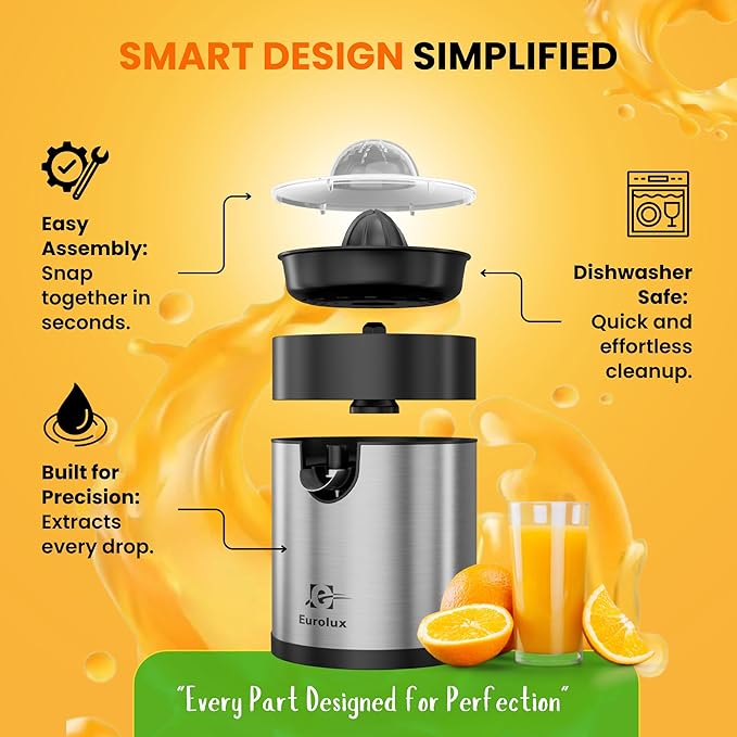 Eurolux Electric Orange Juicer, Sleek Effortless Citrus Juice Squeezer for Lemon, Lime, Grapefruit | Powerful Motor, Easy to Clean, Removable Dishwasher-Safe Parts