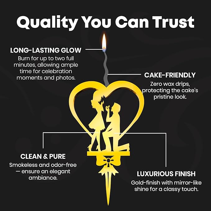 Bride and Groom Reusable Gold Romantic Cake Candle - Luxury Cake Topper Candle for Birthdays, Weddings & Anniversaries - Reusable Food Safe Acrylic, Shiny Mirror Finish - Happy Birthday Cake Topper