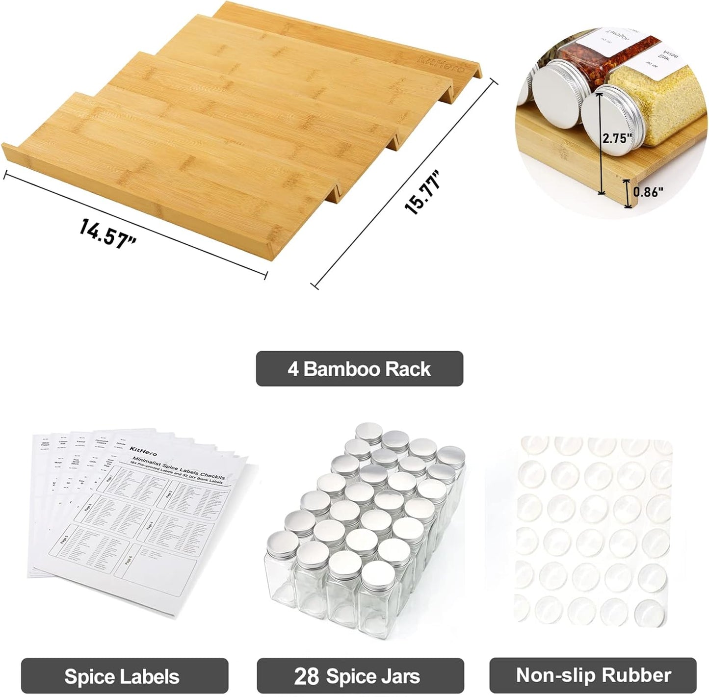Spice Drawer Organizer with 28 Spice Jars,216 Labels,25 Non-slip Rubber, Bamboo 4 Tier Seasoning Rack Tray Insert for Kitchen Drawers,Cabinets,Countertop,14.6" Wide x 15.8" Deep