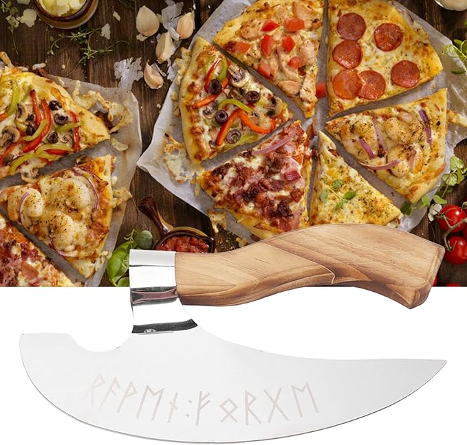 Handmade Viking Steel Pizza Axe, Camping Knives Tools Pizza Cutter with Pine Wood Handle, Handmade Stainless Steel Authentic Medieval Pizza Cutter for Home Restaurant Bar
