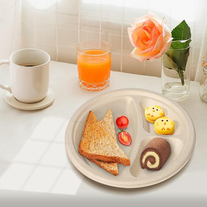 Compartment Plates - Disposable, 9 inch, 100 Pack, Biodegradable, Heavy Duty with Dividers