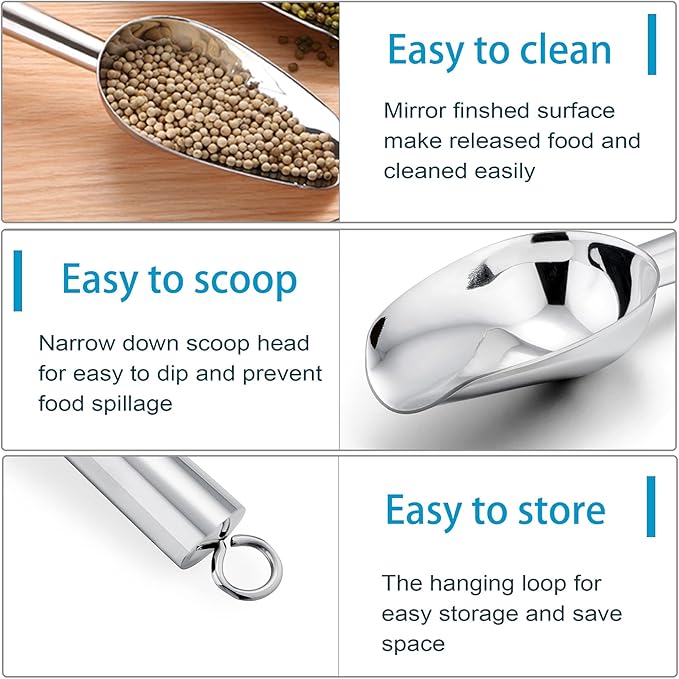 P&P CHEF Food Ice Scoop, Stainless Steel Scoop, Metal Candy Popcorn Flour Utility Scooper for Wedding Party Bar Kitchen Bath, Heavy Duty & Dishwasher Safe, (8oz, 2Pcs)