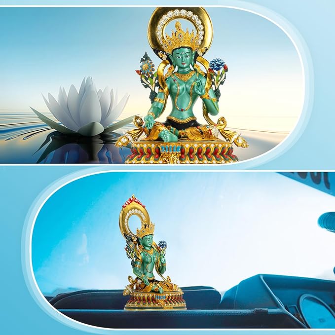 Buddha Statue Indoor, Green Tara Buda Sculpture for Home Decor, Hand-Painted Colored Buddhist Budda, Nepalese Craft Handmade Tibetan Buddhism Meditation Copper, 5.51"