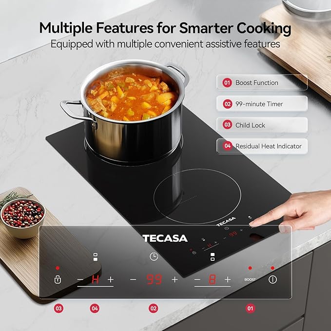 12 Inch Induction Cooktop 3500W, TECASA Built-in Electric Stove with 2 Boost Burners, Compatible with Magnetic Cookers, Timer & Child Safety Lock, 9 Power Levels