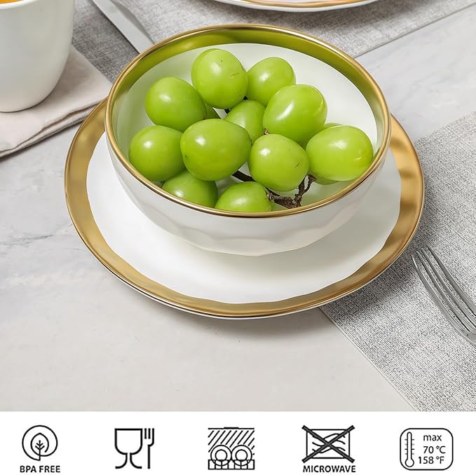 vicrays Ceramic Salad Bowls Set for Kitchen, Serving - 24 Ounce Soup Bowls, Pasta Bowls, Chip Resistant, Dishwasher Safe, NOT Microwave Safe, Fluted, Stoneware, Set of 6 (White with Golden)