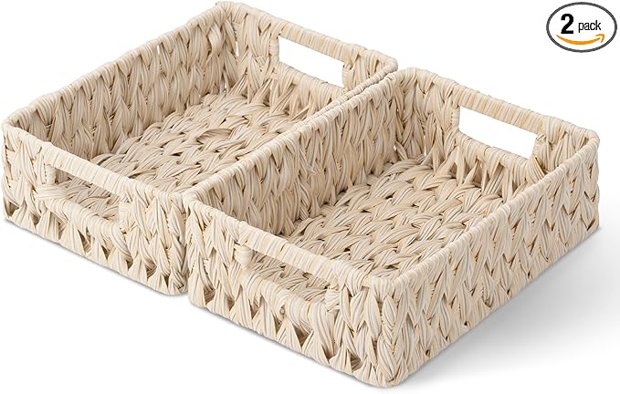 GRANNY SAYS Wicker Baskets for Organizing, Storage Basket for Shelves, Shelf Baskets with Handles, Waterproof Woven Basket for Living Room, Rectangular Baskets for Entryway, 2-Pack