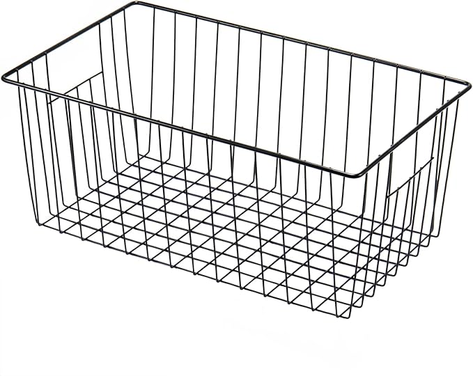 16inch Freezer Storage Organizer Baskets, Refrigerator Metal Wire Basket Bins with Handles for Kitchen, Pantry, Cabinet, Closets(Black, 3Pack)
