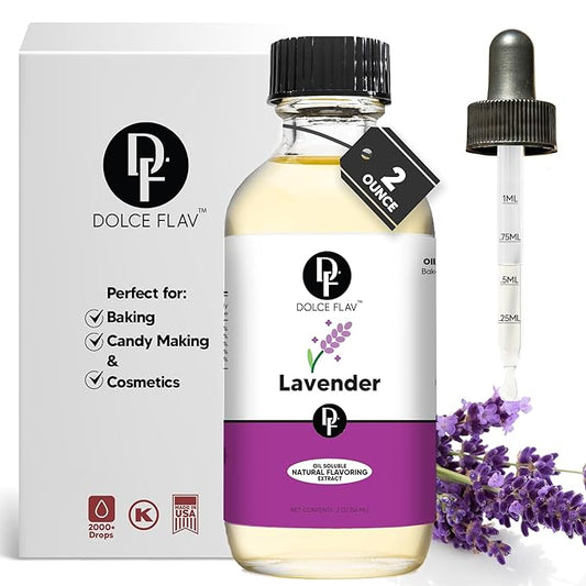 Dolce Flav Natural Lavender Extract – 2 Ounce Oil-Soluble Kosher, Sugar-Free, Concentrated Floral Lavender Flavoring for Baking, Chocolates & Desserts, Includes Measured Dropper