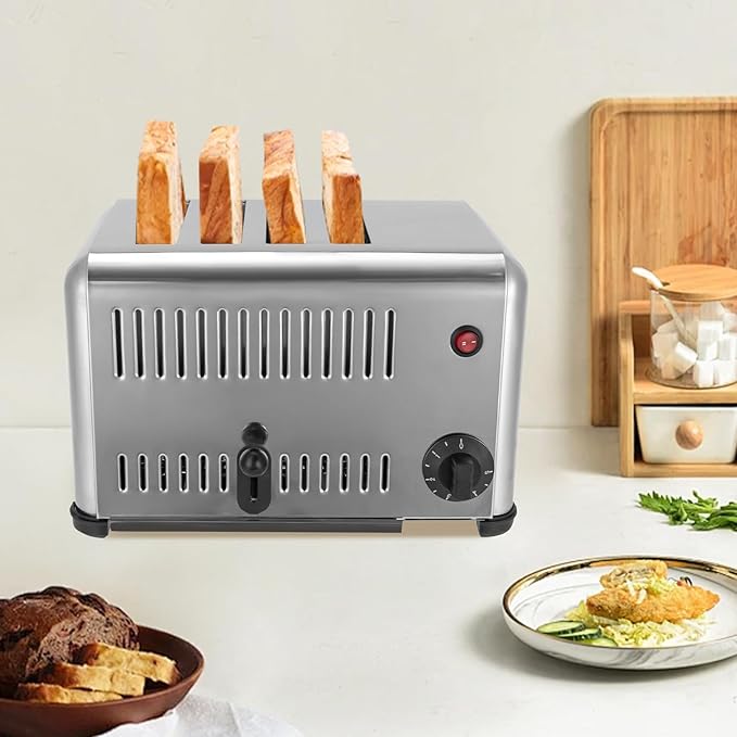 4 Slice Toaster with Wide Slots Commercial Toasters for Restaurant Pop-up Bread Baking Machine 1650W Stainless Steel Toaster Countertop for Toast, Sandwiches, Meatloaf