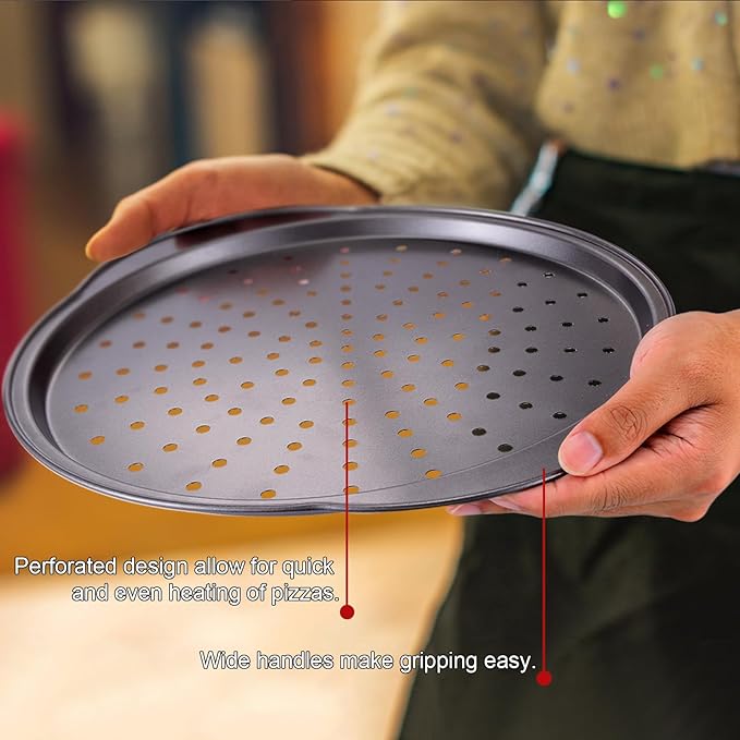 Unokit Pizza Pan for Oven - 13" 2PCS Round Carbon Steel Pizza Pan, Non-Stick Pizza Tray with Perforated Holes and Grip Handles, Dishwasher Safe, Grey