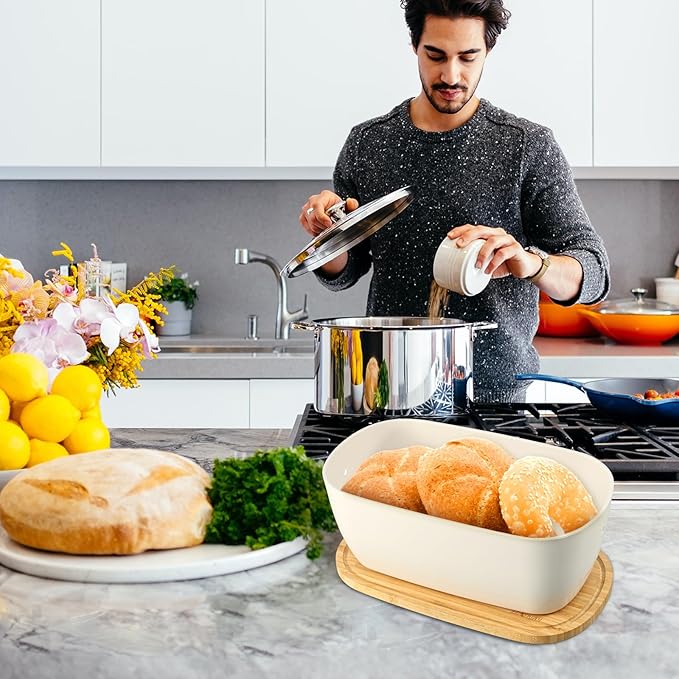 Bread Box for Kitchen Countertop - Bamboo Fiber Bread Bin with Reversible Cutting Board Lid, Juice Groove - Ventilated, Multi-Functional Storage Keeper for Freshness (14.2x7.8x5.5In, White)