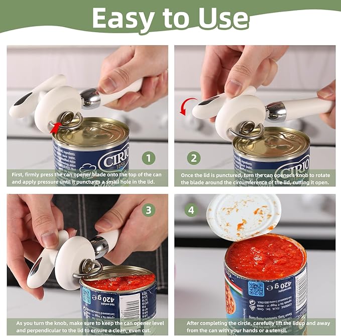 Can Opener Manual Tin Opener Stainless Steel Heavy Duty, Oversized Hand-held Easy Rotary Knob, Safe Cut Manual Can Opener with Non-Slip Handle, Smoother Cut Sharp Blade for Seniors Kitchen Tool, White