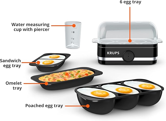 KRUPS: Simply Electric Plastic and Stainless Steel Egg Cooker 6 Eggs 400 Watts Hard, Medium, and Soft Boiled, Poached, Scrambled, Omelets, Rapid Cook Black
