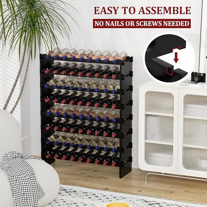 Domax Wine Rack Freestanding Floor - 8 Tiers Wine Bottle Holder 72 Bottle Stackable Bamboo Wooden Storage Racks Shelves for Kitchen, Bar, Pantry and Cellar (Black)