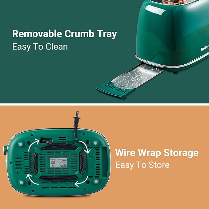 2 Slice Toaster Retro Stainless Steel with Bagel, Cancel, and Defrost Functions, 6 Bread Shade Settings, Extra Wide Slots and Removable Crumb Tray, Green
