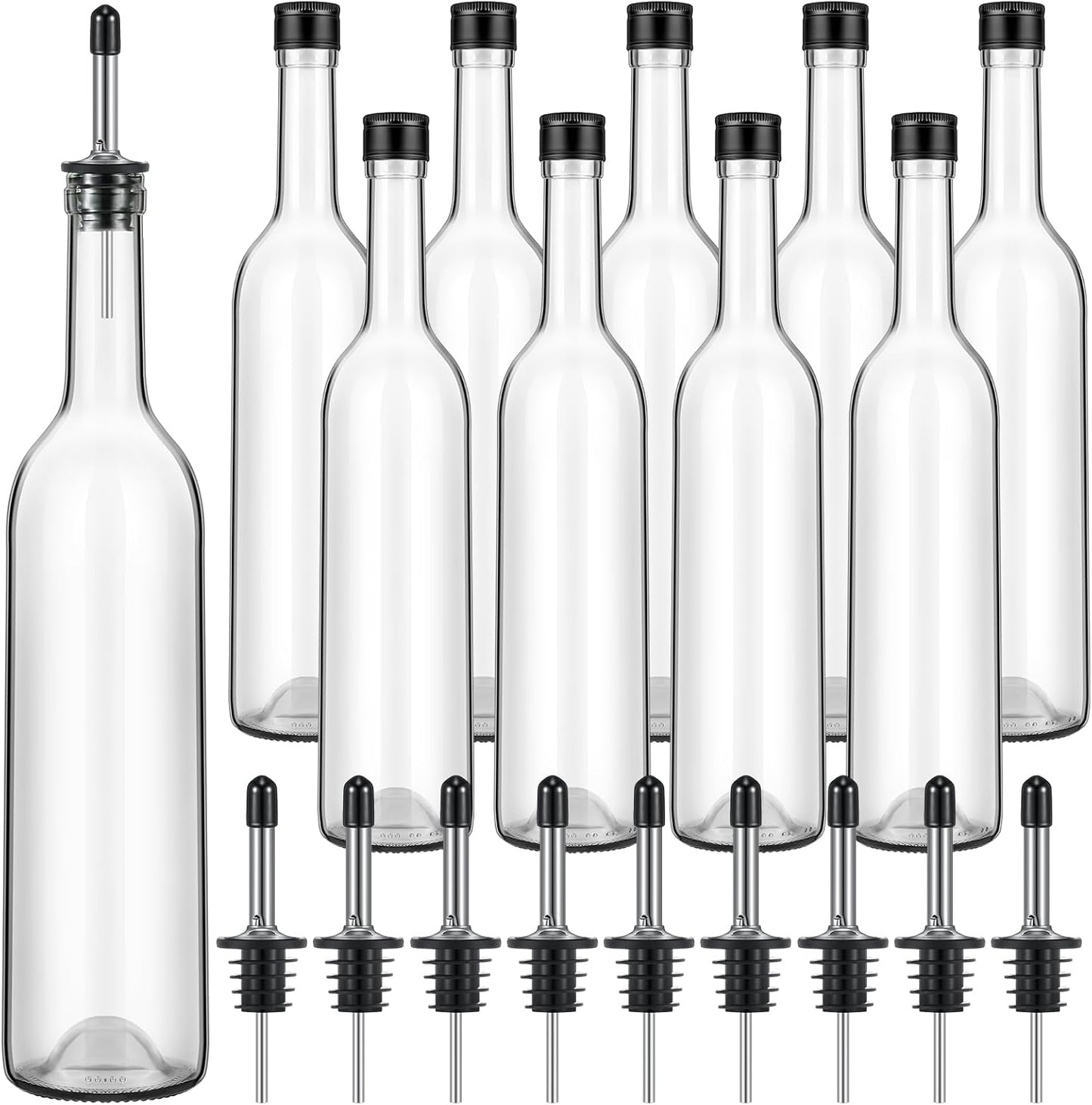 Maxdot 10 Pcs Long Neck Glass Bottles with Pourer Bordeaux Wine Bottle Clear Empty Wine Syrup Juice for Home Bar Liquor Juice Making Wedding Anniversary Party(Stainless)