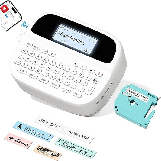 Label Maker Machine with-Tape Waterproof, Keyboard Label Maker Rechargeable, Bluetooth Labeler Portable with Backlit Screen for Home Office School Kids Use, M950