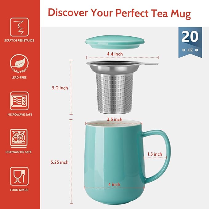 Sweese 20 OZ Porcelain Tea Mug with Infuser and Lid, Loose Leaf Tea Cup, Gifts for Tea Lover - Mint Green