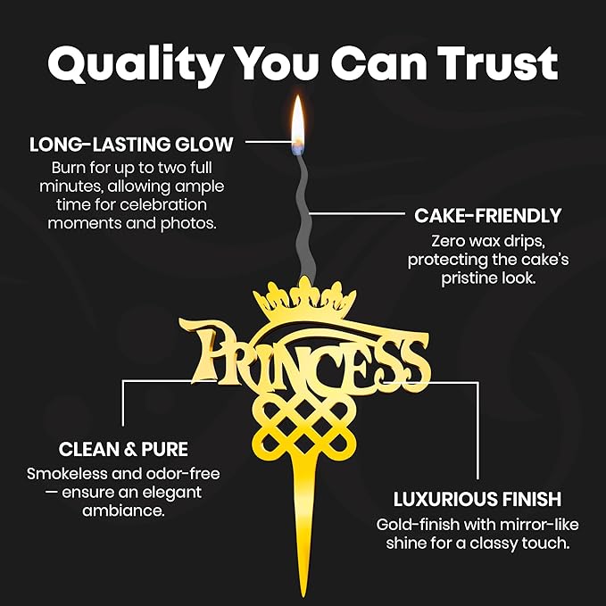 Princess Reusable Gold Romantic Cake Candle - Luxury Cake Topper Candle for Birthdays, Weddings & Anniversaries - Reusable Food Safe Acrylic, Shiny Mirror Finish - Happy Birthday Cake Topper Decor