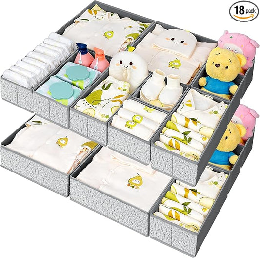 Drawer Organizer Clothes - 18 Pack Dresser Organizer for Nursery, Foldable Sock Underwear Organizer, Baby Drawer Organizer, Small Fabric Storage Bins for Dresser Drawer, Grey