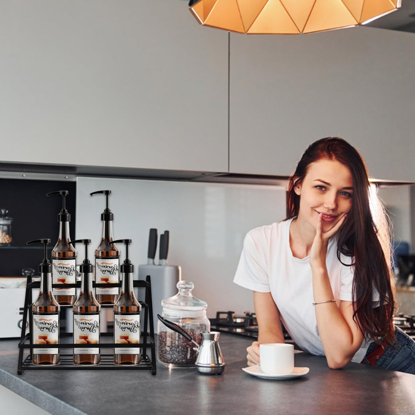 2-Tier Coffee Syrup Rack Organizer 6 Bottle Capacity,Sturdy Metal Storage Shelf for Coffee Bar,Multi-Use Kitchen Wine Rack for Syrups, Dressings, Condiments