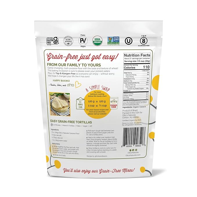 Otto's Naturals Organic Multi-Purpose Cassava Flour, Gluten-Free, Grain, Nut and Gum-Free, 1-to-1 Wheat Alternative, Paleo, AIP, 1.5 lb