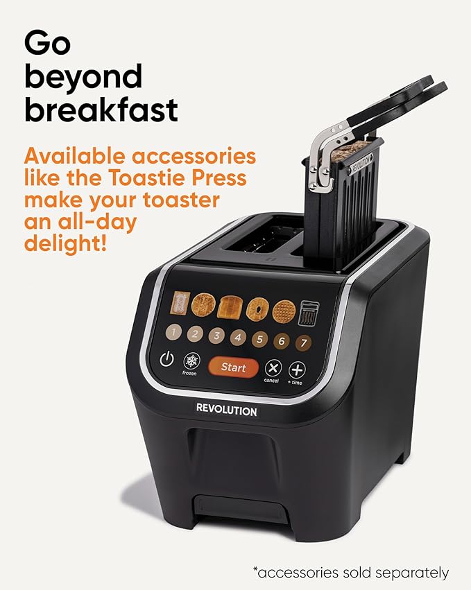 Revolution R90 Digital Toaster + Toastie Press Bundle – 2-Slice Wide Slot, Patented InstaGLO 2.0 Technology, Toastie Press Mode – Toast Bread, Bagels, Waffles, Tortillas, Pastries – Black