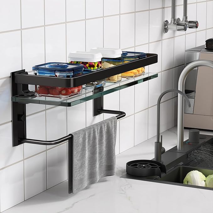 Danpoo Bathroom Wall Shelf with Towel Bar, Clear Tempered Glass, Hand Towel Holder (Matte Black)