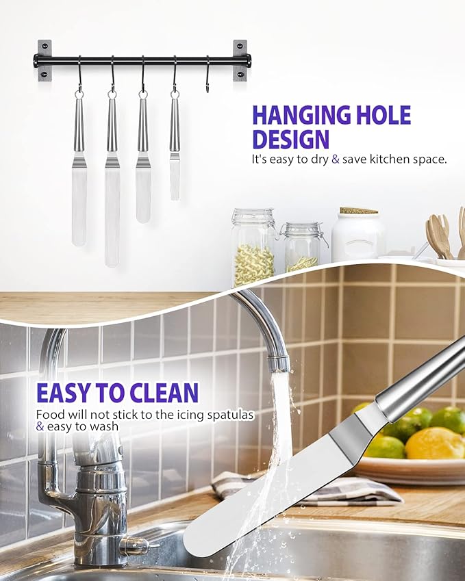 Offset Icing Spatula, Cake Angled Spatula Set with 4, 6, 8 & 10 Inch Blades, Stainless Steel Handle Suitable for Home, Kitchen or Bakery