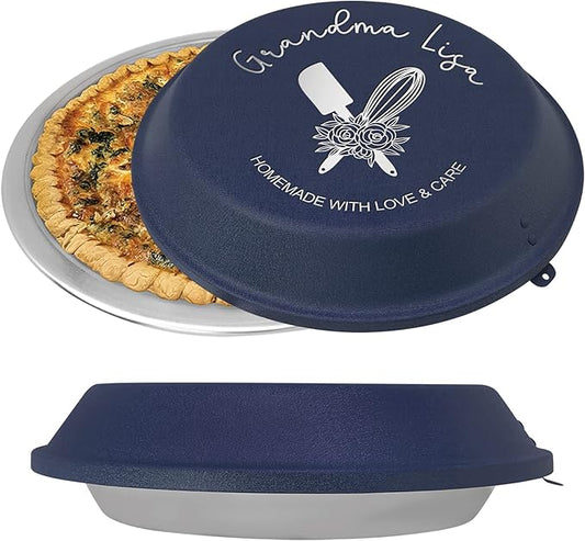 Personalized Aluminum Pie Pan with Lid, Customized Engraved Monogram Cake Pan - Wedding, Anniversary, Housewarming, Birthday Gift (Blue)