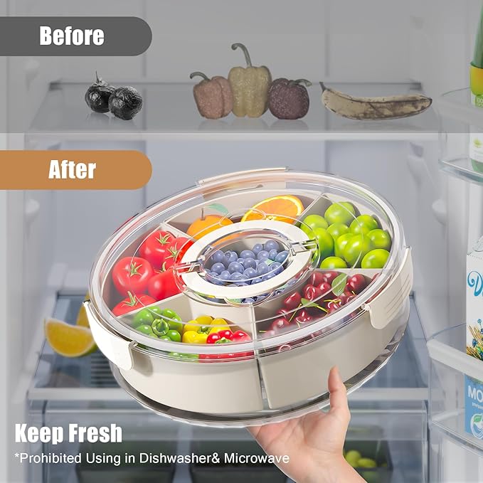 Divided Serving Tray with Lid and Handle,Large Snack Spinner,Snackle Box Container, Multi-Purpose Food Platter for Charcuterie Veggie Fruit, Taco Tuesday Movie Night Travel Beach Picnic Essentials