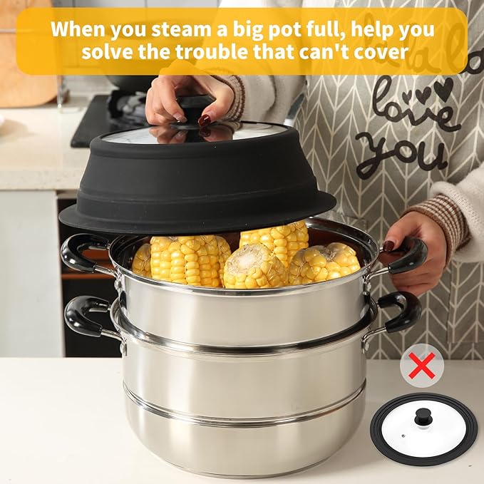 Collapsible Microwave Splatter Lid with Vented Tempered Glass Cover Wok Lid for Microwave Safe, Stockpot Steamer Pot Pan 10.5-11 inch Universal Multifunction Silicone Cover